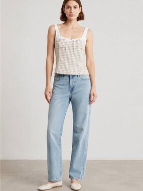 Elodie Beige Gingham Lace-Trim Tank Top
